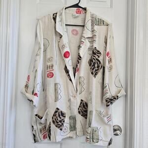 Vintage Modern Essential Cream Brown Abstract Print Flax Blend Blazer Jacket XL